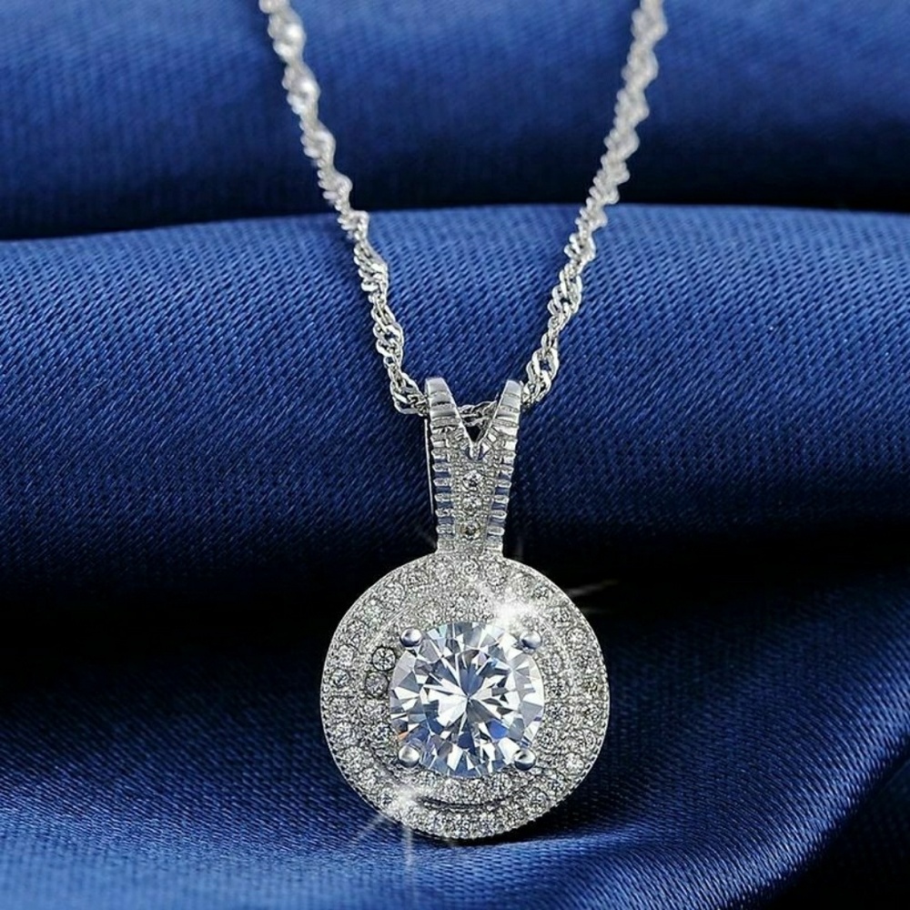 14k White Gold Diamond Cz Halo Necklace